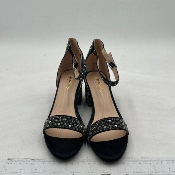 XYD Women Open Toe Studded Rhinestone Low Block Heel Bejeweled Sandal Pumps - Picture 3 of 8